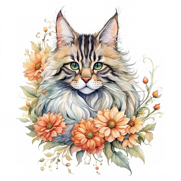 Maine Coon Cat Watercolor Clipart Set, Boho Style (JPG, PNG) — image 11