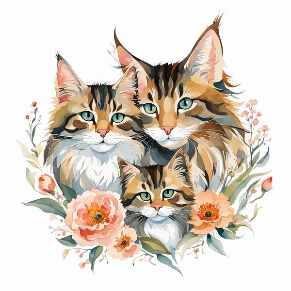 Watercolor Maine Coon Cat Clipart Set, Boho Family, Flowers (JPG & PNG) — image 1