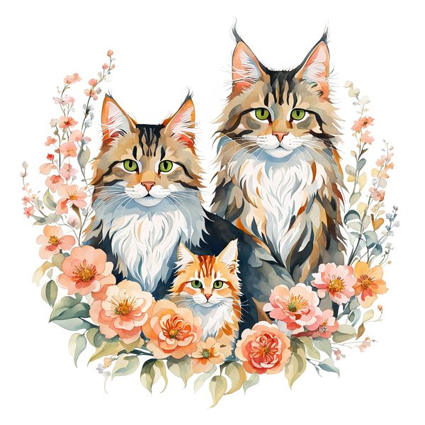 Watercolor Maine Coon Cat Clipart Set, Boho Family, Flowers (JPG & PNG) — image 2