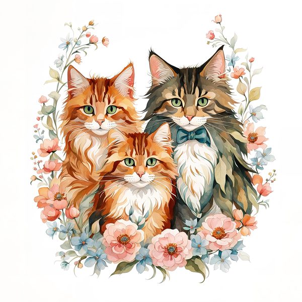 Watercolor Maine Coon Cat Clipart Set, Boho Family, Flowers (JPG & PNG) — image 3