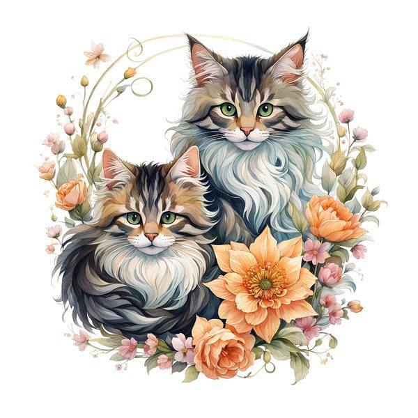 Watercolor Maine Coon Cat Clipart Set, Boho Family, Flowers (JPG & PNG) — image 4