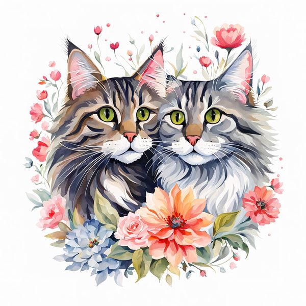 Watercolor Maine Coon Cat Clipart Set, Boho Family, Flowers (JPG & PNG) — image 5