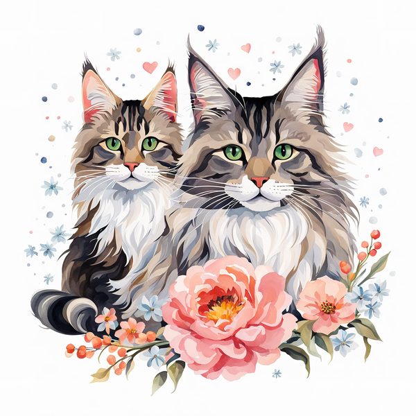 Watercolor Maine Coon Cat Clipart Set, Boho Family, Flowers (JPG & PNG) — image 6