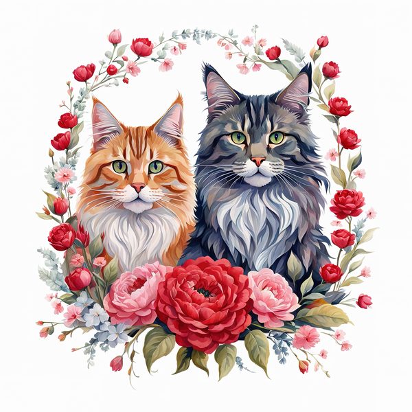 Watercolor Maine Coon Cat Clipart Set, Boho Family, Flowers (JPG & PNG) — image 7