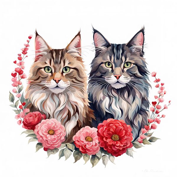 Watercolor Maine Coon Cat Clipart Set, Boho Family, Flowers (JPG & PNG) — image 8
