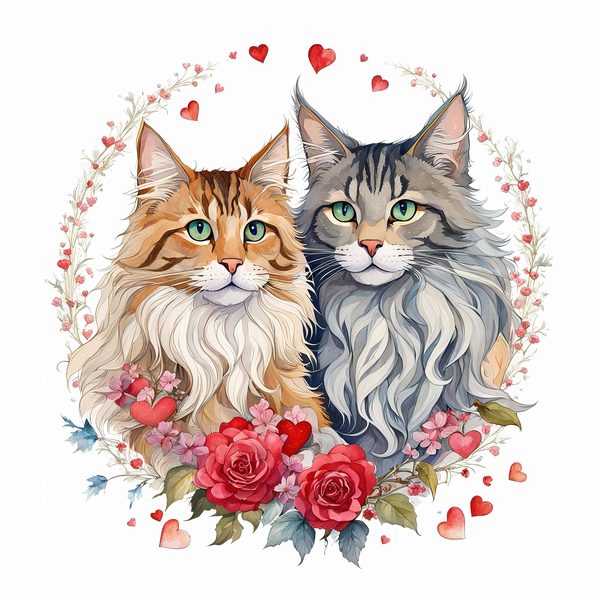 Watercolor Maine Coon Cat Clipart Set, Boho Family, Flowers (JPG & PNG) — image 9