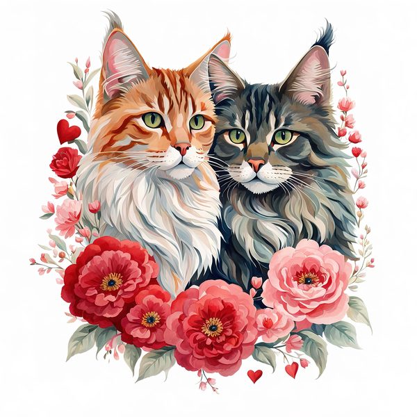 Watercolor Maine Coon Cat Clipart Set, Boho Family, Flowers (JPG & PNG) — image 10