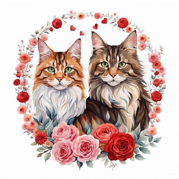 Watercolor Maine Coon Cat Clipart Set, Boho Family, Flowers (JPG & PNG) — image 11
