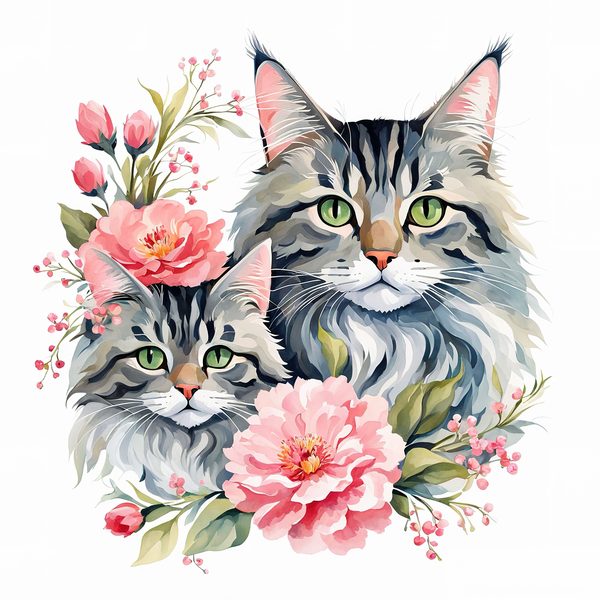 Watercolor Maine Coon Cat Clipart Set, Boho Family, Flowers (JPG & PNG) — image 12