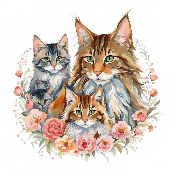 Watercolor Maine Coon Cat Clipart Set, Boho Family, Flowers (JPG & PNG) — image 13