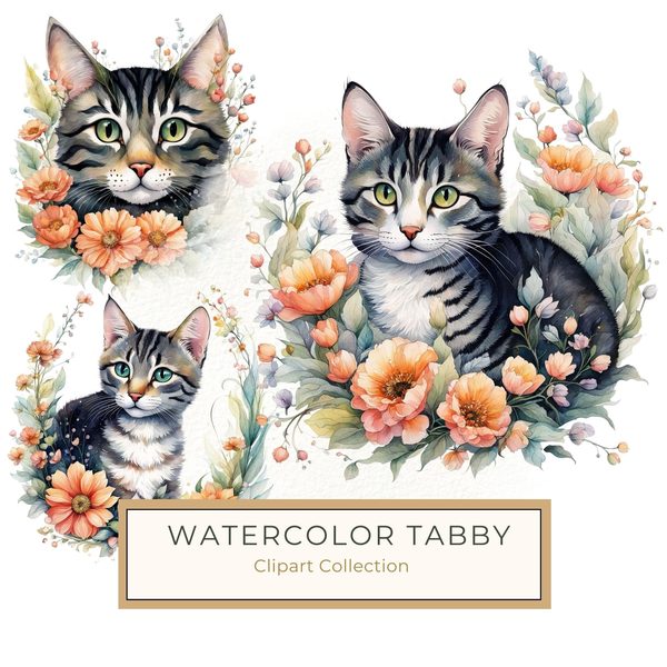 Watercolor Tabby Cat Clipart: Boho Floral PNG JPG (Digital Print)