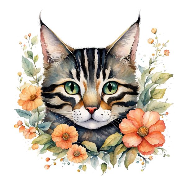 Watercolor Tabby Cat Clipart: Boho Floral PNG JPG (Digital Print) — image 1