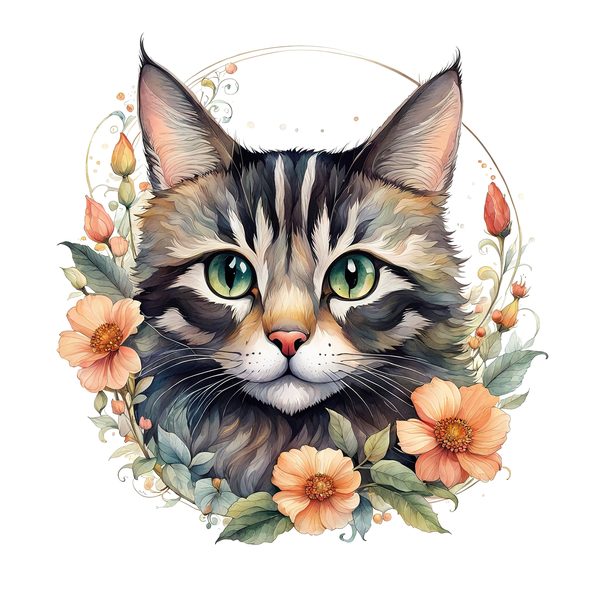 Watercolor Tabby Cat Clipart: Boho Floral PNG JPG (Digital Print) — image 2