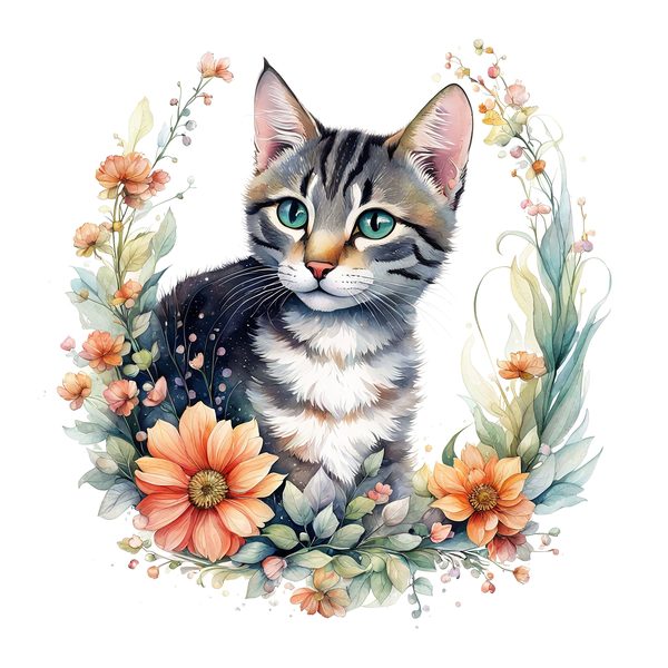 Watercolor Tabby Cat Clipart: Boho Floral PNG JPG (Digital Print) — image 3