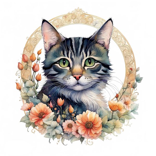Watercolor Tabby Cat Clipart: Boho Floral PNG JPG (Digital Print) — image 4