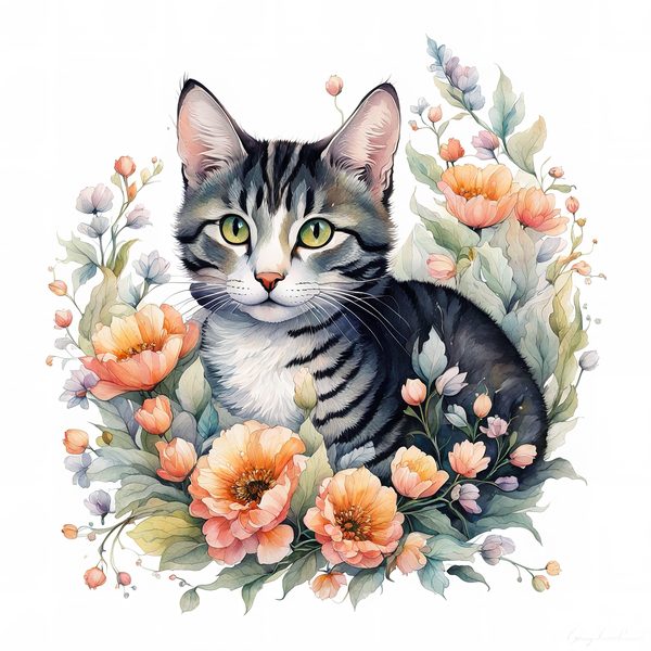 Watercolor Tabby Cat Clipart: Boho Floral PNG JPG (Digital Print) — image 5