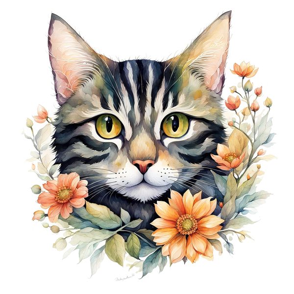 Watercolor Tabby Cat Clipart: Boho Floral PNG JPG (Digital Print) — image 6