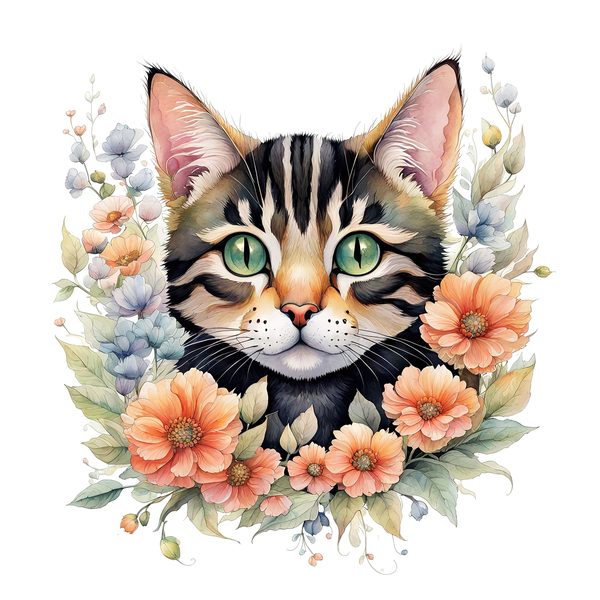 Watercolor Tabby Cat Clipart: Boho Floral PNG JPG (Digital Print) — image 7