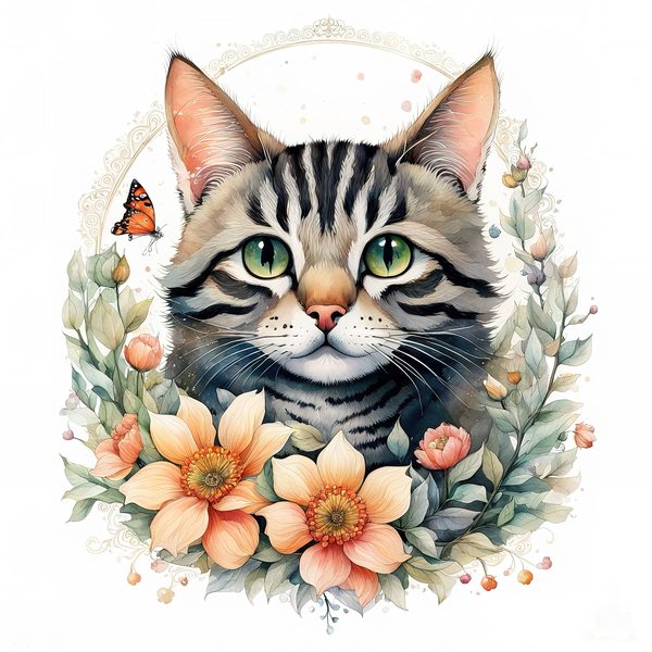 Watercolor Tabby Cat Clipart: Boho Floral PNG JPG (Digital Print) — image 8