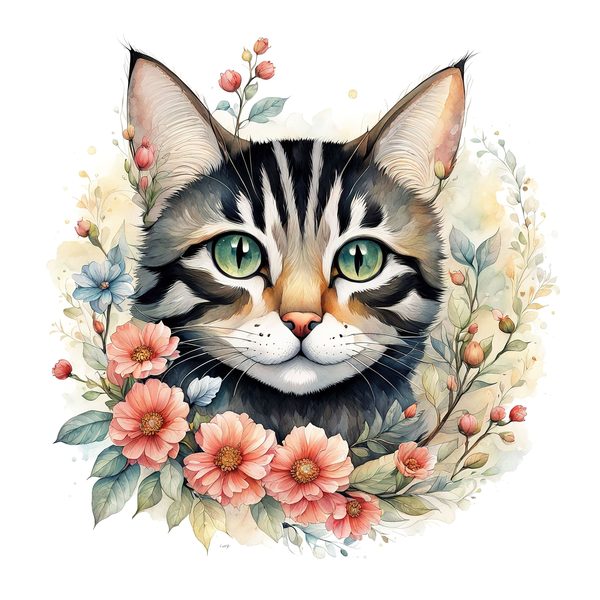 Watercolor Tabby Cat Clipart: Boho Floral PNG JPG (Digital Print) — image 9