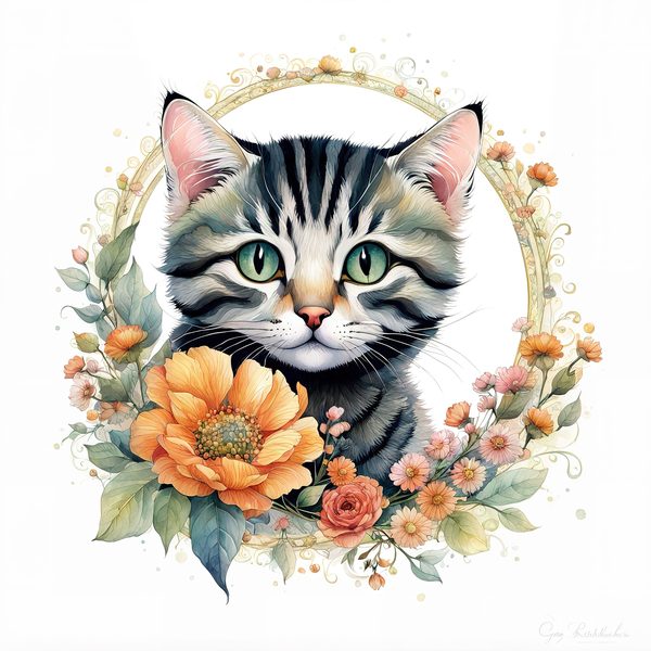 Watercolor Tabby Cat Clipart: Boho Floral PNG JPG (Digital Print) — image 10