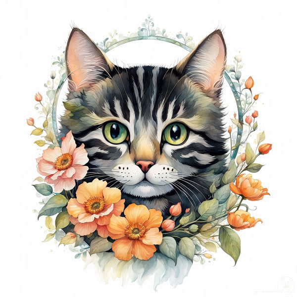 Watercolor Tabby Cat Clipart: Boho Floral PNG JPG (Digital Print) — image 11