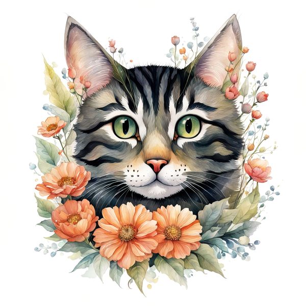 Watercolor Tabby Cat Clipart: Boho Floral PNG JPG (Digital Print) — image 12