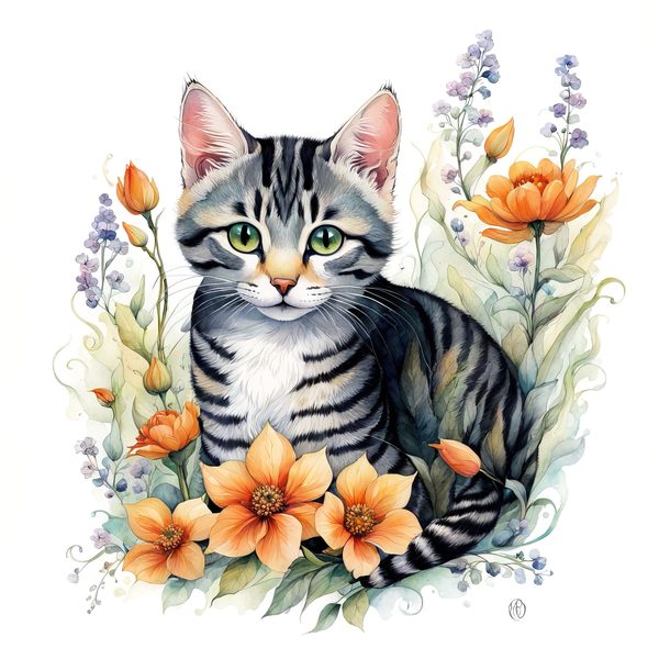 Watercolor Tabby Cat Clipart: Boho Floral PNG JPG (Digital Print) — image 13