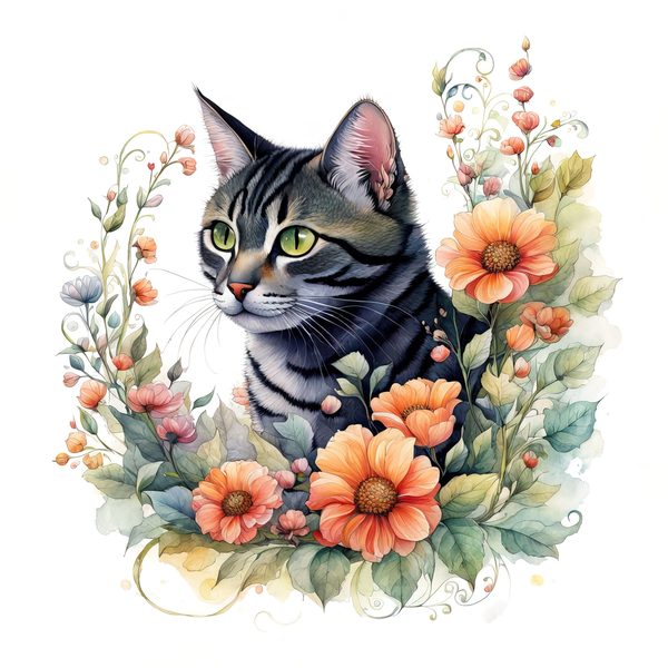Watercolor Tabby Cat Clipart: Boho Floral PNG JPG (Digital Print) — image 14