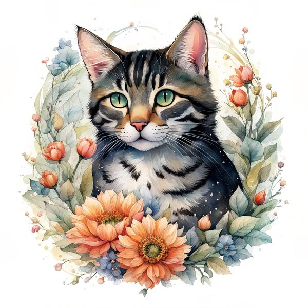 Watercolor Tabby Cat Clipart: Boho Floral PNG JPG (Digital Print) — image 15