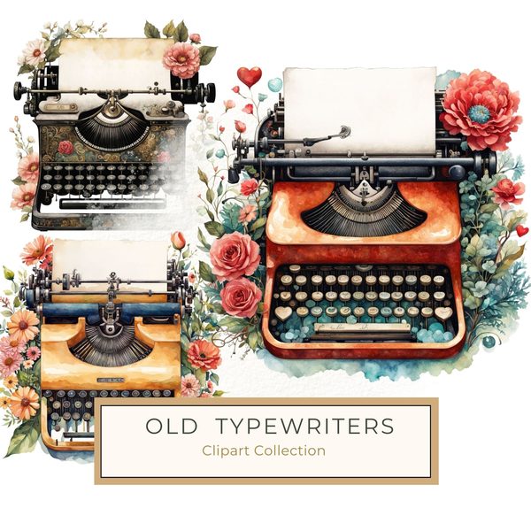 Watercolor Typewriter Clipart: Vintage Floral PNG JPG (Digital Print)