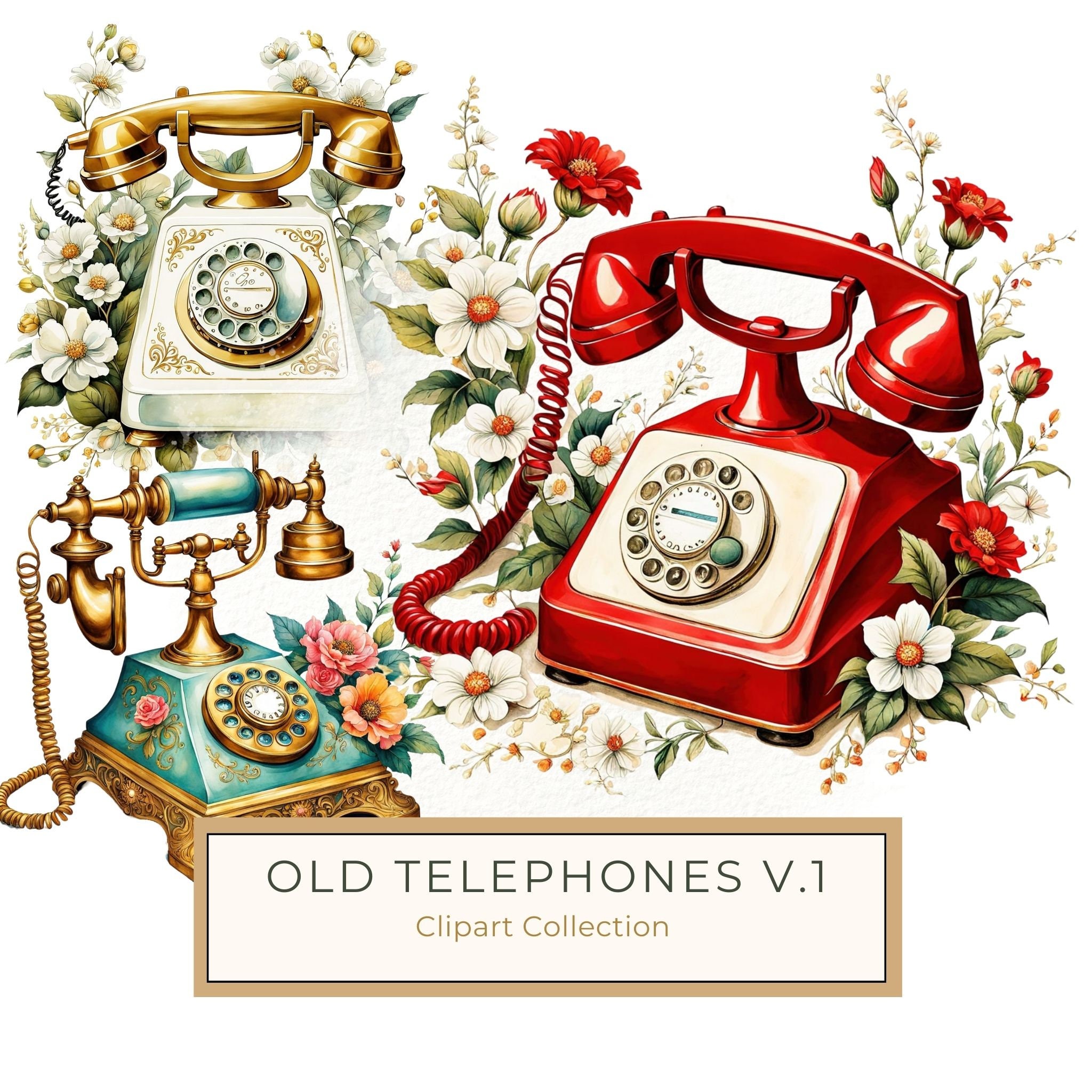 Watercolor Antique Telephone Clipart: Floral Boho Art (Digital Print)