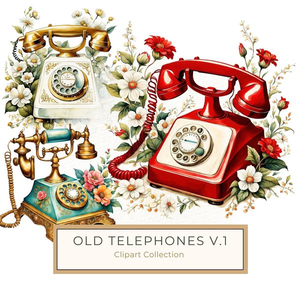 Watercolor Antique Telephone Clipart: Floral Boho Art (Digital Print)