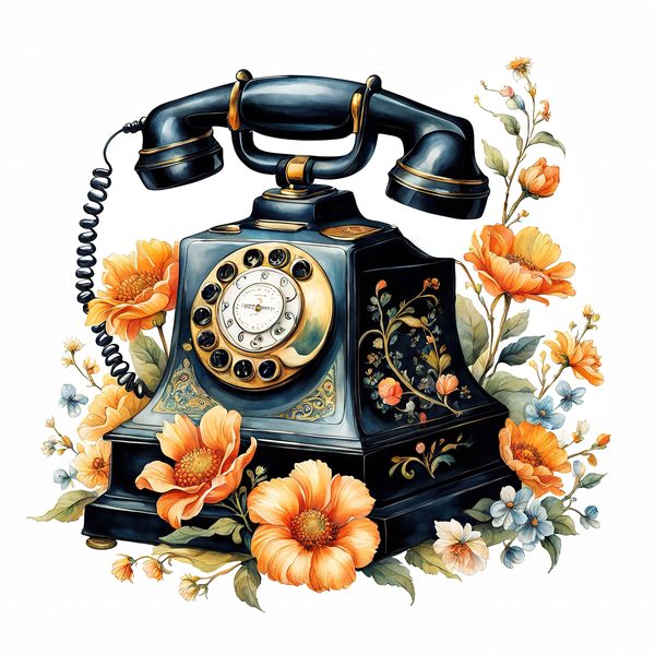 Watercolor Antique Telephone Clipart: Floral Boho Art (Digital Print) — image 1
