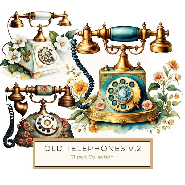 Watercolor Vintage Telephone Clipart: Floral Boho Art (JPG & PNG Files)