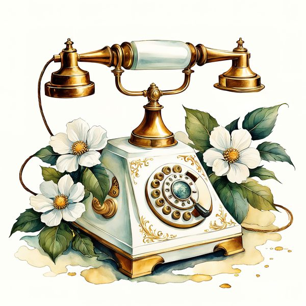 Watercolor Vintage Telephone Clipart: Floral Boho Art (JPG & PNG Files) — image 1