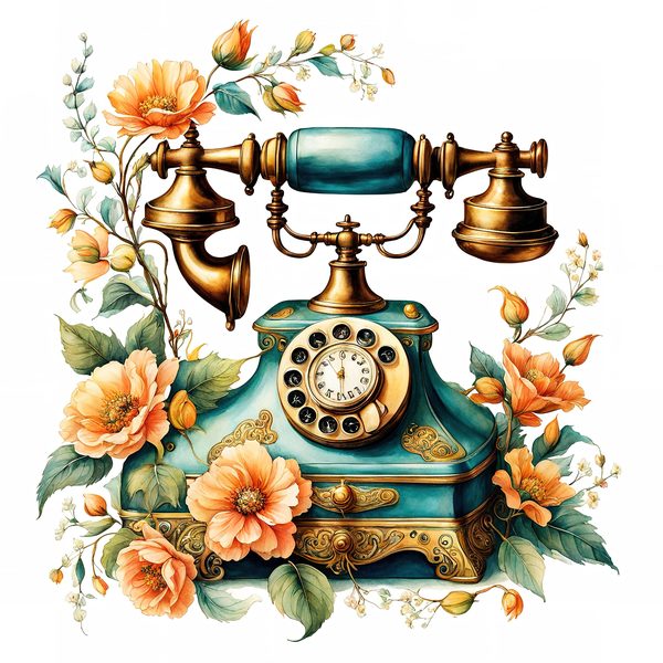 Watercolor Vintage Telephone Clipart: Floral Boho Art (JPG & PNG Files) — image 4