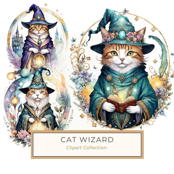Watercolor Cat Wizard Clipart: Boho Style (Digital Print)
