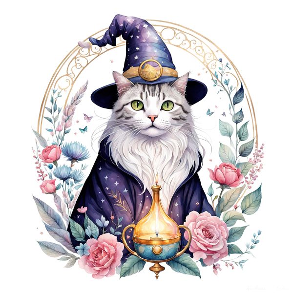 Watercolor Cat Wizard Clipart: Boho Style (Digital Print) — image 1