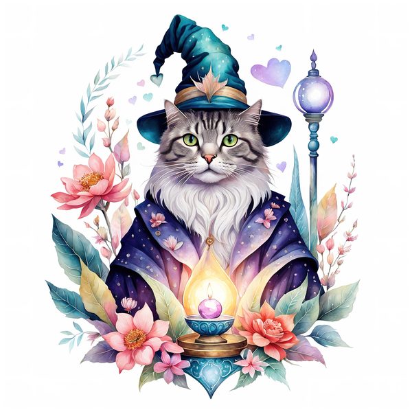 Watercolor Cat Wizard Clipart: Boho Style (Digital Print) — image 2
