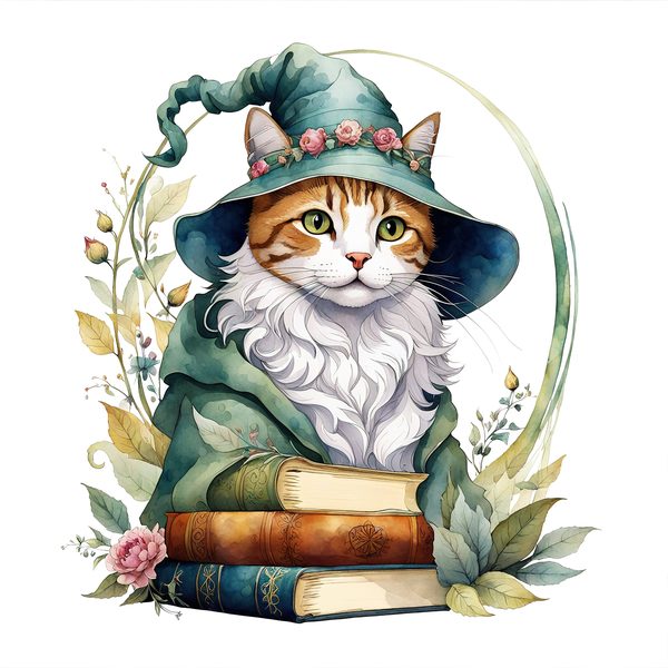 Watercolor Cat Wizard Clipart: Boho Style (Digital Print) — image 3