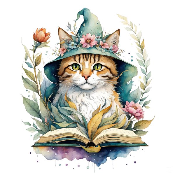 Watercolor Cat Wizard Clipart: Boho Style (Digital Print) — image 4
