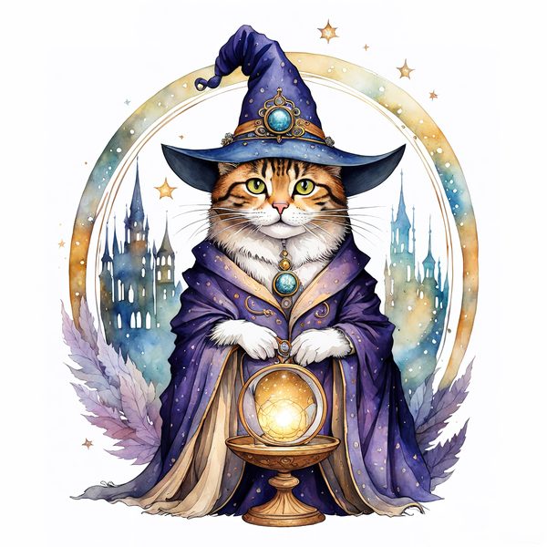 Watercolor Cat Wizard Clipart: Boho Style (Digital Print) — image 5