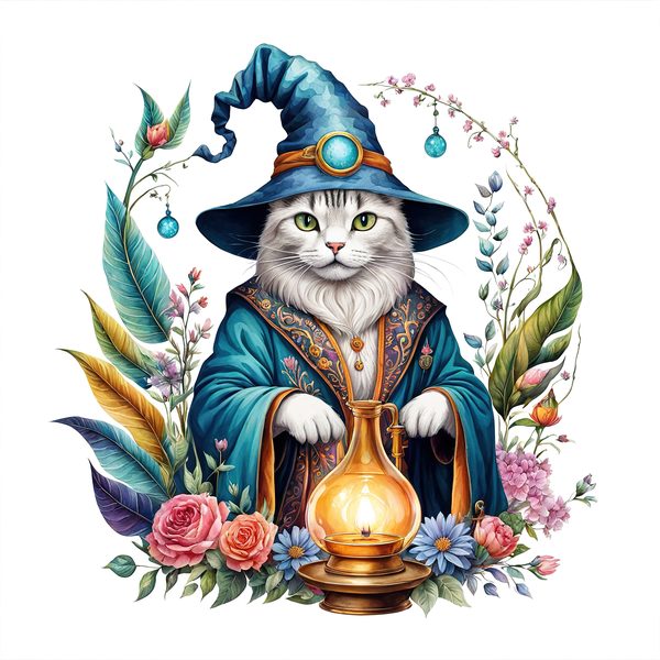 Watercolor Cat Wizard Clipart: Boho Style (Digital Print) — image 6