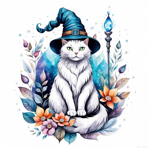 Watercolor Cat Wizard Clipart: Boho Style (Digital Print) — image 7
