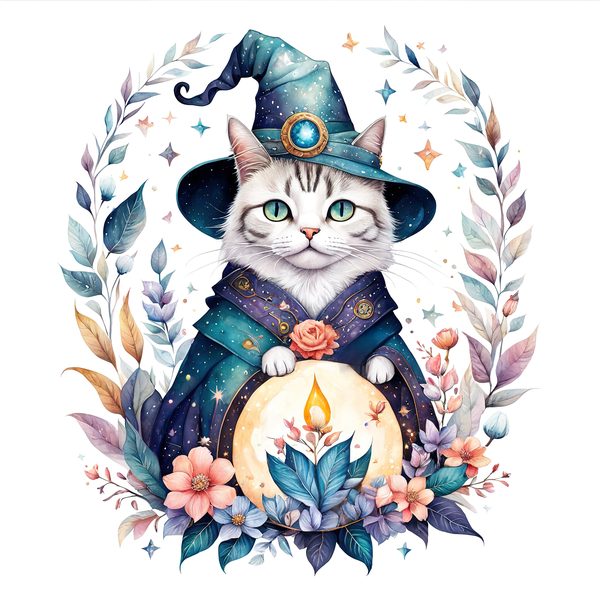 Watercolor Cat Wizard Clipart: Boho Style (Digital Print) — image 8