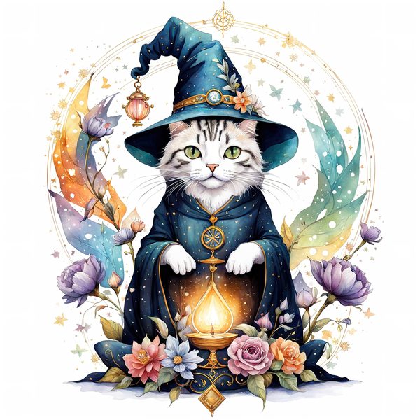 Watercolor Cat Wizard Clipart: Boho Style (Digital Print) — image 9