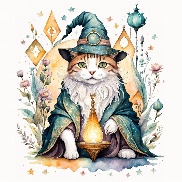 Watercolor Cat Wizard Clipart: Boho Style (Digital Print) — image 11