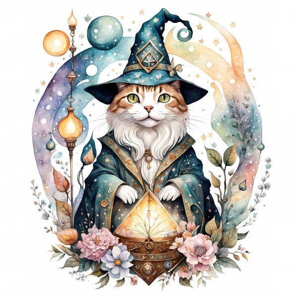 Watercolor Cat Wizard Clipart: Boho Style (Digital Print) — image 12