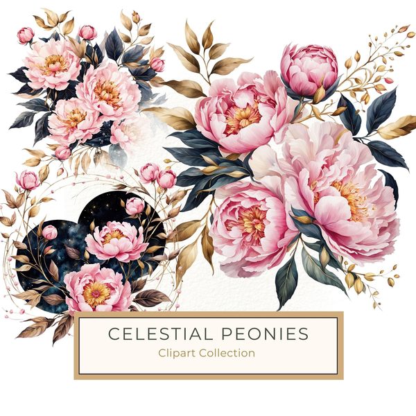 Watercolor Peony Clipart: Celestial Navy & Gold Florals (PNG JPG)